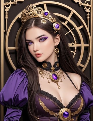 (((A stunning sexy woman in steampunk))) A captivating steampunk queen adorned in intricate accessories. 🕰️ Her violet eyeshadow and dark hair frame her piercing gaze perfectly. Gold gears and clockwork jewelry embellish her elegant purple attire. A crown of deep purple roses adds a touch of gothic romance. 🌹Each detail, from the gears to the flowers, tells a story of timeless beauty,Real