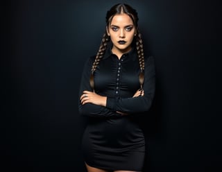 1girl, solo, black lips, black hair, dress, black dress, black nails, black eyes, crossed arms, black background, braid, black theme, looking at viewer, simple background, long sleeves, twin braids, bangs, long hair, dark-skinned female, collared dress, cowboy shot, dark skin, nail polish, Wednesday addams \(character \), character \(theme\)