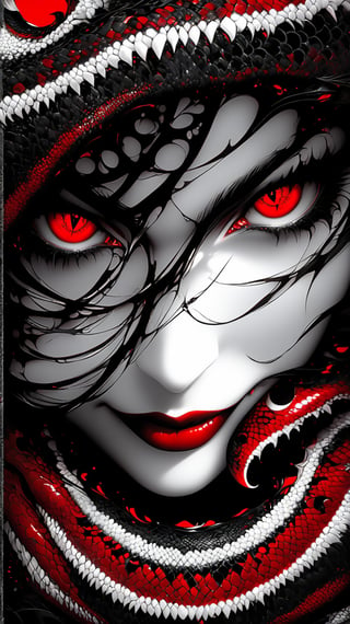 (best quality, masterpiece, perfect face, beautiful and aesthetic:1.2)1 succubusgirl, gothic, demon wings, mischievous smile, vampire long fangs (abstract art), half demon, high contrast, red, black and white,(abstract art), half demon, crimson red snake pupils eyes, high contrast (intricate details, hyperdetailed:1.15), detailed, (high contrast, official art, extreme detailed, highest detailed),