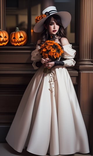 Steampunk girl, halloween, with pumpkins and bats, inside a circle, white outside the circle, simple, beautiful, modern watercolor style
,Haute_Couture