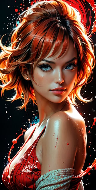 Ultra realistic poster featuring Nami from One Piece enveloped by a red matrix backdrop, inspired by the artistic styles of Daniel Castan, Carne Griffiths, Andreas Lie, Russ Mills, and Leonid Afremov, set against a dark background, infused with a cinematic quality, high detail, digital painting.