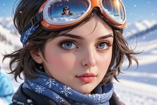 1girl, solo, looking at viewer, short hair, blue eyes, brown hair, black hair, parted lips, scarf, mole, blurry, lips, eyelashes, mole under eye, goggles, portrait, snow, goggles on head, realistic, nose