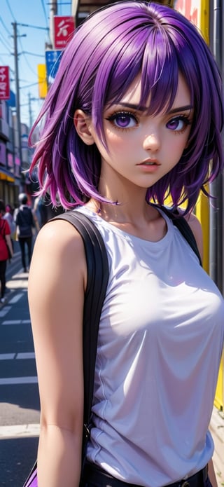 Disgruntled girl purple hair street girly clothes simple face, Strong and vibrant colors k,Extremely Realistic,(anime)