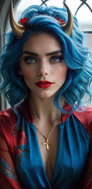 a vibrant blue haired woman with long, wavy blue hair stands in front of a circular window. Her eyes are painted a deep red, and her lips are a vibrant shade of red. Her hair is adorned with two horned horns on her head, adding a pop of color to her face. She is dressed in a blue silk dress adorned with a cross, adorned with gold and white flowers. Her hands are covered in tattoos, adding texture to the scene. The backdrop is a muted gray, with pink tulips in the window.