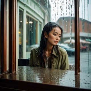  wide angle polaroid photo of a asian woman inside a cafe through a window. many raindrops on the window and very strong reflections on the window. she look far outside blankly. calm nostalgic atmosphere. film grain. kodak portra 800 film.