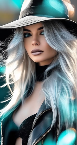 a woman with white hair wearing a tight black jacket and a hat, in the style of mashup of styles, light gray and light bronze, edgy, soft-focus technique, dark white and dark cyan, soft edges, eye-catching