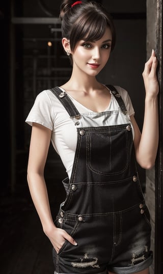 white female, (((overalls))), (((black overalls))), (dark overalls), (black pants), ((white undershirt)), (red hair), (short hair), (side ponytail), (34d cups), ((short woman)) beautiful eyes, large eyelashes, ((1girl)), anatomically correct, defined face, precise correct anatomy, full body, dynamic pose, uniform, centered, symmetrical, golden colour, ancient. dark eyes, smiling, ominous, fashion photo shoot
