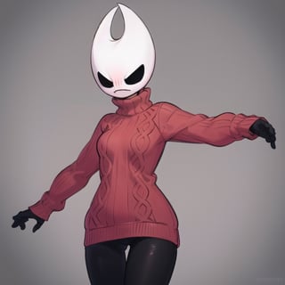 1girl, hornet, solo, mask, black eyes, red sweater, turtleneck, cowboy shot, (black skin:1.2), simple background twitch emote, cartoon, white clean background, (angry:1.2), twitch emoji,twitch emoji