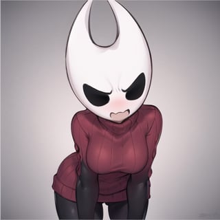 1girl, hornet, solo, mask, black eyes, red sweater, turtleneck, cowboy shot, (black skin:1.2), leaning forward, simple background twitch emote, cartoon, white clean background, (angry:1.2), twitch emoji,twitch emoji