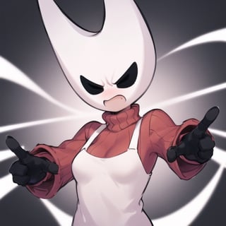 1girl, hornet, solo, mask, black eyes, red sweater, turtleneck, cowboy shot, (black skin:1.2), simple background twitch emote, cartoon, white clean background, (angry:1.2), twitch emoji,twitch emoji