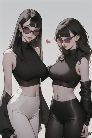 long hair, breasts, looking at viewer, smile, bangs, multiple girls, skirt, shirt, black hair, long sleeves, navel, bare shoulders, jewelry, closed mouth, heart, cowboy shot, earrings, one eye closed, glasses, sleeveless, midriff, pants, hand up, 3girls, blunt bangs, black skirt, necklace, crop top, see-through, black shirt, piercing, sunglasses, ring, round eyewear, tinted eyewear, heart-shaped eyewear, looking over eyewear, pink-tinted eyewear, purple-tinted eyewear,stylemidjurney,1 gril,1 girl