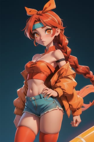 masterpiece,1girl, (orange eyes, red hair ribbon, headband, side braid), (highleg panties, highleg,shorts,thighhighs, off-shoulder jacket, oversized jacket, bare shoulders, tube top, puffy sleeves)