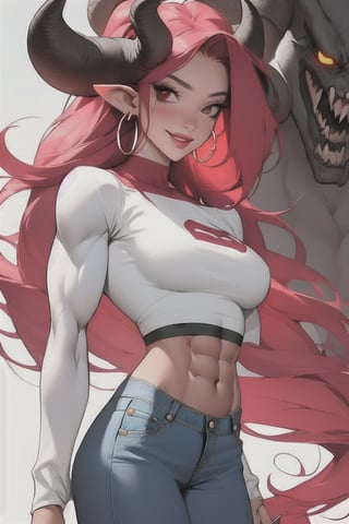 1girl, solo, long hair, breasts, looking at viewer, smile, large breasts, long sleeves, navel, jewelry, ponytail, pink hair, red hair, earrings, horns, pointy ears, midriff, pants, crop top, muscular, colored skin, abs, demon girl, denim, demon horns, jeans, hoop earrings, muscular female, red skin,stylemidjurney,1 gril,1 girl