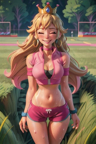 (sabucartoon:1.3), best quality, masterpiece, detailed background, highly detailed, intricate, detailed face, long eyelashes, detailed eyes, (standing:1.1), (thick thighs:1.0), (large breasts:1.1), (grassy fields:1.3), (one girl:1.2), (1girl:1.1), (solo:1.4), (princess peach:1.1), (light blue eyes:1.2), (blonde hair:1.1), (long hair, messy hair:1.2), (thick lips:1.3), (crown, blue earrings:1.2), (pink choker:1.1), (pale skin:1.0), (pink crop top, pink sport shorts:1.3), (thigh gap:1.4), (stomach, navel), (cleavage:1.3), (sweat:1.2) (groin:1.3), (light smile, blush, nose blush:1.1), (half-closed eyes:1.2)