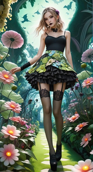 *Enchanted Garden Soiree:**
   [Art AI Halloween 2023 Creativity style] Picture a giantess in a floral miniskirt, gracefully walking through a garden filled with oversized flowers and whimsical vegetation. [Random camera view, ultra resolution, capturing intricate floral details, play of shadows and natural sunlight.]
,DonMF43XL,Niji Slime