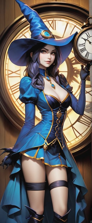 a woman in a cosplay costume standing in front of a clock, poster art, by Kaja Foglio, deviantart contest winner, nocturne from league of legends, [ tarot card ]!!!!!, psycho magick fuck it insane, blue witch hat, leblanc, olivia culpo as milady de winter, 2 d cg, skin : tjalf sparnaay
,Niji Slime