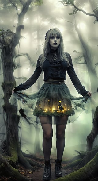 Mystical Forest Stroll:
[Art AI Halloween 2023 Creativity style] A captivating giantess in a bewitching miniskirt, gracefully walking through an ancient, fog-draped forest. [Random camera view, ultra resolution, intricate details, shadows dancing in ethereal light.],Monster