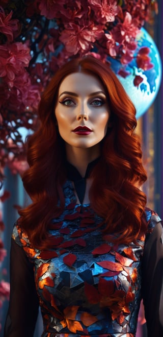 A very beautiful, dark red-haired, stylish woman with eyes reflecting the planet Earth, with an artistic pattern on her dress and the best face features,
 against the background of falling azalea petals, in a four-dimensional, photorealistic space 
,close up,make_3d,halloween