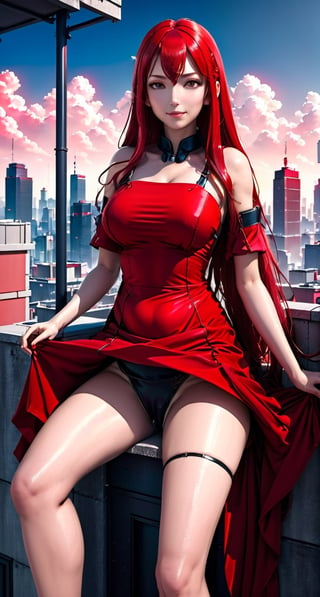 a woman in a red dress sitting on top of a building, pixiv, with long red hair, curvy build, fullbody commission for, rooftop party, oppai proportions, anime 3 d art, thick legs, full body;
,DonMCyb3rN3cr0XL ,cyberpunk style