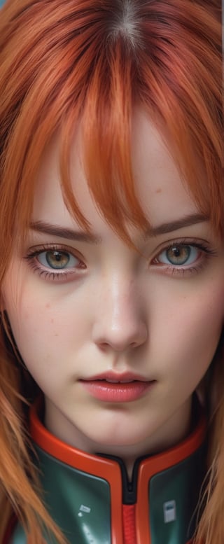  Female ultra photorealistic cinematic portrait ,body art portrait of beautiful woman, Asuka Langley from Evangelion, post apocalyptic, charismatic looks, beautiful face, pale skin, nice hot eyes, photorealistic,maximum texture,
 Perfectionism, Cinematic Lighting, extremely detailed , Post-Production, 8K,realistic shaders effects,pixel