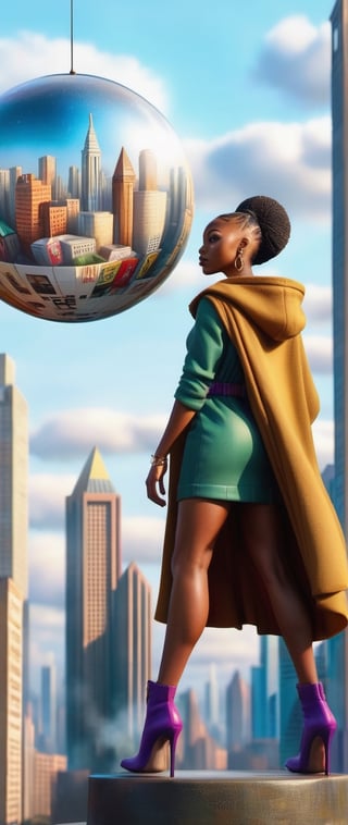 "Craft a hyper-realistic portrayal with a cinematic rear view, master shot of a glamorous Instagram model of African descent, confidently striding through a post-Soviet cityscape. Infuse a contemplative mood and stylized poses to capture a moment of urban sophistication in a retro comic book style."
,Snowglobe,DonM0ccul7Ru57XL