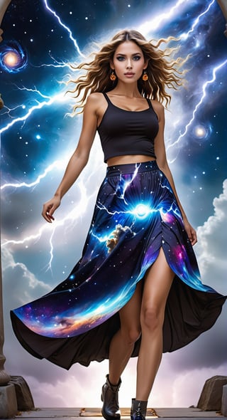 Celestial Symphony:
[Art AI Halloween 2023 Creativity style] Picture a colossal goddess in a cosmic miniskirt, walking amidst celestial wonders and galaxies. [Random camera view, ultra resolution, cosmic details, interplay of shadows and celestial light.],composed of elements of thunder,thunder,electricity,perfecteyes,sticker