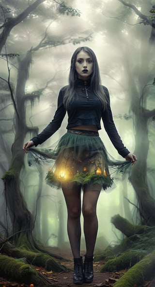 Mystical Forest Stroll:
[Art AI Halloween 2023 Creativity style] A captivating giantess in a bewitching miniskirt, gracefully walking through an ancient, fog-draped forest. [Random camera view, ultra resolution, intricate details, shadows dancing in ethereal light.],Monster