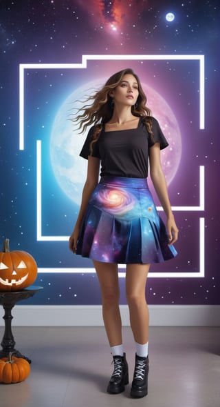 Celestial Symphony:
[Art AI Halloween 2023 Creativity style] Picture a colossal goddess in a cosmic miniskirt, walking amidst celestial wonders and galaxies. [Random camera view, ultra resolution, cosmic details, interplay of shadows and celestial light.],Leonardo Style,Square neon