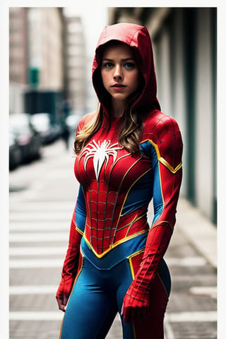 (melissa benoist) , spiderwoman suit, (big breast:1.5), creative behavior, imaginative, sensual, spontaneous,  flying, dutch angle, front facing, controls,  highest quality, skin texture, intricate details, (cinematic lighting), RAW photo, 8k,RedHoodWaifu,(red hood)