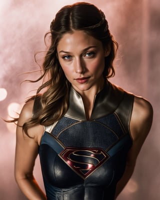 ((melissa benoist) (big breast:1.8), (supergirl custome in intimate clothes), dark, gloomy background creative behavior, imaginative, sensual, spontaneous,  dutch angle, front facing, highest quality, skin texture, intricate details, (cinematic lighting), RAW photo, 8k, fantasy style, 