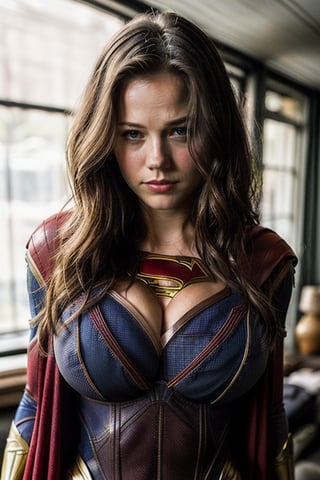 ((melissa benoist) (big breast:1.8), ((perfect boobs))(supergirl custome in intimate clothes), dark, gloomy background creative behavior, imaginative, sensual, spontaneous,  dutch angle, front facing, highest quality, skin texture, intricate details, (cinematic lighting), RAW photo, 8k, fantasy style, 