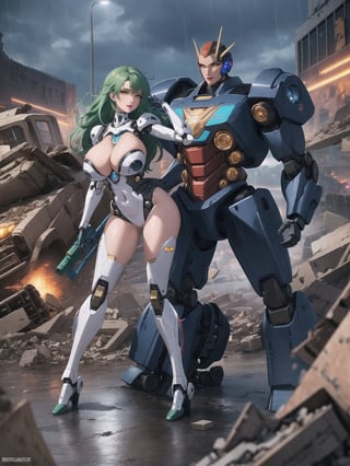 ((A woman, robot)), wearing all white robotic costume, robotic costume with gears in gold, robotic costume with armor, absurdly gigantic breasts, mohawk hair, green hair, messy hair, (looking directly at the viewer), she is in a war field with many vehicles with heavy armaments, many rubble, destroyed machines, it's night, heavy rain, thunder, ((Cyborg, mecha, futuristic)), 16K, UHD, best possible quality, ultra detailed, best possible possible resolution, Unreal Engine 5, professional photography, she is, ((sensual pose with interaction and leaning on anything + object + on something + leaning against)) + perfect_thighs, perfect_legs, perfect_feet, better_hands, ((full body)), More detail,