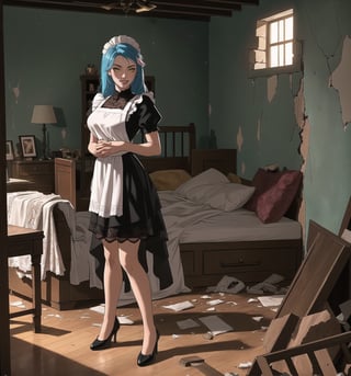 An ultra-detailed 4K masterpiece with Horror, Gothic and Realistic styles. | A 25-year-old woman is dressed in a maid's uniform, consisting of a black dress with white lace, a white apron with lace details, a white coiffe on her head and black low-heeled shoes. She has long blue hair, with a layered cut and pink highlights, and her yellow eyes, with a cheerful expression, look at the viewer as she smiles and shows her white teeth. She is in a destroyed and macabre apartment, with cracked walls, broken furniture, shattered windows, personal belongings scattered across the floor and a weak, yellowish light illuminating the room. | Medium shot composition, dark lighting. | Woman employed in a destroyed and macabre apartment, with cracked walls, broken furniture, shattered windows, personal belongings scattered across the floor and a weak, yellowish light illuminating the room. | (((((The image reveals a full-body shot as she assumes a sensual pose, engagingly leaning against a structure within the scene in an exciting manner. She takes on a sensual pose as she interacts, boldly leaning on a structure, leaning back in an exciting way.))))). | ((full-body shot)), ((perfect pose):1.5), ((perfect fingers, better hands, perfect hands)), ((perfect legs, perfect feet)), ((Big, huge breasts)), ((perfect design)), ((perfect composition)), ((very detailed scene, very detailed background, perfect layout, correct imperfections)), More Detail, Enhance