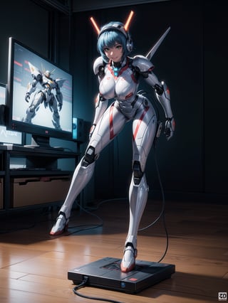 A woman, wearing ((white mecha suit with blue metallic couplings, gigantic breasts, helmet with transparent colored visor)), very short hair, blue hair, messy hair, hair with bangs in front of her eyes, (((looking at the viewer, sensual pose with interaction and leaning on anything+object+on something+leaning against+leaning against))) in a secret laboratory, with many computers, plasma TV, energy fusion machines, window showing an army of aliens, ((full body):1.5); 16K, UHD, unreal engine 5, quality max, max resolution, ultra-realistic, ultra-detailed, maximum sharpness, ((perfect_hands): 1), Goodhands-beta2, [super metroid]+((mecha))+[[Iron Man]]