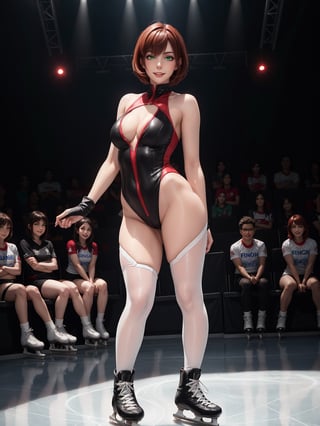 A woman, wearing white Olympic skating lycra costume with black parts, extremely tight costume on the body, wearing ice skates, gigantic breasts, very short red hair, bangs in front of the eyes, (((erotic pose interacting with the audience))), in an ice skating rink, many people in the audience watching, excellent lighting, windows, is daytime,  photographers, ((full body):1.5). 16k, UHD, best possible quality, best possible detail, best possible resolution, Unreal Engine 5,