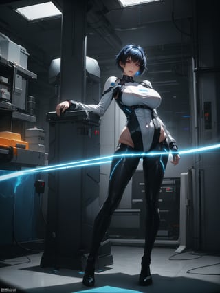 A woman, wearing white mech costume, black parts, extremely tight and tight on the body, gigantic breasts, very short blue hair, very messy hair, bangs in front of the eyes, ((((looking at the viewer, erotic pose interacting and leaning on an object)))), in a laboratory, machines, robots, tubes with lights, is daytime, city being shown through the window, ((full body):1.5). 16k, UHD, best possible quality, best possible detail, best possible resolution, ((Unreal Engine 5, professional photography, raw photo, masterpiece):1)