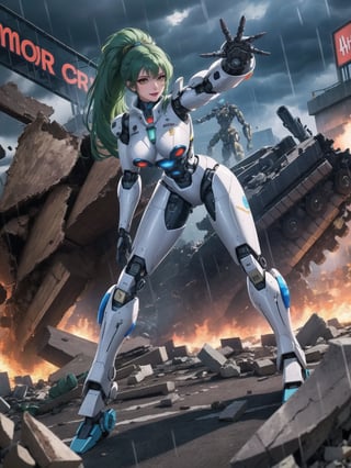 ((A woman, robot)), wearing all white robotic costume, robotic costume with gears in gold, robotic costume with armor, mohawk hair, green hair, messy hair, (looking directly at the viewer), she is in a war field with many vehicles with heavy armaments, many rubble, destroyed machines, it's night, heavy rain, thunder, ((Cyborg, mecha, futuristic)), 16K, UHD, best possible quality, ultra detailed, best possible possible resolution, Unreal Engine 5, professional photography, she is, ((dynamic pose with interaction and leaning on anything + object + on something + leaning against)) + perfect_thighs, perfect_legs, perfect_feet, better_hands, ((full body)), More detail,