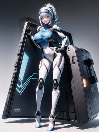 A woman, wearing mecha suit+cybernetic armor+futuristic costume, white suit with blue parts, cybernetic helmet with colored visor, gigantic breasts, bright blue hair, extremely short hair, hair with bangs in front of the eyes, hair with ponytail, looking at the viewer, sensual pose+Interacting+leaning on anything+object+leaning against on a ship with many machines, robots, structures, ((full body):1.5), 16K, UHD, unreal engine 5, quality max, max resolution, ultra-realistic, ultra-detailed, maximum sharpness, ((perfect_hands):1), Goodhands-beta2, ((mecha suit+cybernetic armor+futuristic costume, white suit with blue parts, cybernetic helmet with colored visor, gigantic breasts, super metroid, mecha, final fantasy)), ((looking at the viewer, sensual pose+Interacting+leaning on anything+object+leaning against)), 