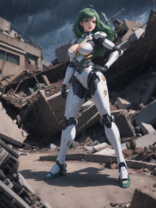 ((A woman, robot)), wearing all white robotic costume, robotic costume with gears in gold, robotic costume with armor, gigantic breasts, mohawk hair, green hair, messy hair, (looking directly at the viewer), she is in a war field with many vehicles with heavy armaments, many rubble, destroyed machines, it's night, heavy rain, thunder, ((Cyborg, mecha, futuristic)), 16K, UHD, best possible quality, ultra detailed, best possible possible resolution, Unreal Engine 5, professional photography, she is, ((dynamic pose with interaction and leaning on anything + object + on something + leaning against)) + perfect_thighs, perfect_legs, perfect_feet, better_hands, ((full body)), More detail,