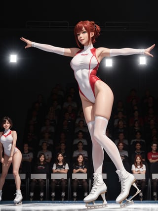 A woman, wearing white Olympic skating lycra costume with black parts, extremely tight costume on the body, wearing ice skates, gigantic breasts, very short red hair, bangs in front of the eyes, (((erotic pose interacting with the audience))), in an ice skating rink, many people in the audience watching, excellent lighting, windows, is daytime,  photographers, ((full body):1.5). 16k, UHD, best possible quality, best possible detail, best possible resolution, Unreal Engine 5,