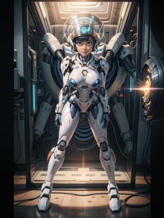 A woman, wearing ((white mecha suit with blue metallic couplings, gigantic breasts, helmet with transparent colored visor)), very short hair, blue hair, messy hair, hair with bangs in front of her eyes, (((looking at the viewer, sensual pose with interaction and leaning on anything+object+on something+leaning against+leaning against))) in a secret laboratory, with many computers, plasma TV, energy fusion machines, window showing an army of aliens, ((full body):1.5); 16K, UHD, unreal engine 5, quality max, max resolution, ultra-realistic, ultra-detailed, maximum sharpness, ((perfect_hands): 1), Goodhands-beta2, [super metroid]+((mecha))+[[Iron Man]]