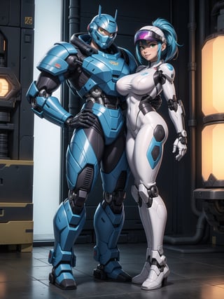 A woman, wearing ((mecha suit+cybernetic armor+futuristic costume, white suit with blue parts, cybernetic helmet with colored visor, gigantic breasts)), bright blue hair, extremely short hair, hair with bangs in front of the eyes, hair with ponytail, looking at the viewer, sensual pose+Interacting+leaning on anything+object+leaning against on a ship with many machines,  robots, structures, ((full body):1.5), 16K, UHD, unreal engine 5, quality max, max resolution, ultra-realistic, ultra-detailed, maximum sharpness, ((perfect_hands):1), ((looking at the viewer, sensual pose+Interacting+leaning on anything+object+leaning against)), Goodhands-beta2, super metroid, mecha, final fantasy