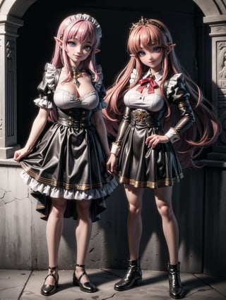 ((Full body, standing): 1.5), Princess Zelda: wearing extremely tight-fitting black maid outfit, with short white shorts, extremely large breasts, pink hair, blue eyes, doing erotic pose, smiling and looking at viewer , in an Egyptian tomb full of sarcophagi, with mummies inside. anime, anime, Hyperrealism, Hyperrealism, 16k, ((high quality, high details):1.4), UHD, masterpiece