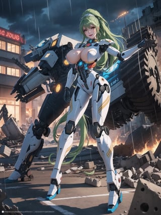 ((A woman, robot)), wearing all white robotic costume, robotic costume with gears in gold, robotic costume with armor, gigantic breasts, mohawk hair, green hair, messy hair, (looking directly at the viewer), she is in a war field with many vehicles with heavy armaments, many rubble, destroyed machines, it's night, heavy rain, thunder, ((Cyborg, mecha, futuristic)), 16K, UHD, best possible quality, ultra detailed, best possible possible resolution, Unreal Engine 5, professional photography, she is, ((dynamic pose with interaction and leaning on anything + object + on something + leaning against)) + perfect_thighs, perfect_legs, perfect_feet, better_hands, ((full body)), More detail,