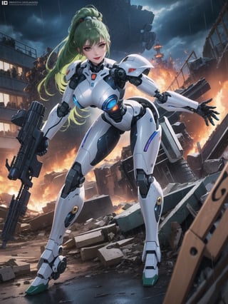 ((A woman, robot)), wearing all white robotic costume, robotic costume with gears in gold, robotic costume with armor, mohawk hair, green hair, messy hair, (looking directly at the viewer), she is in a war field with many vehicles with heavy armaments, many rubble, destroyed machines, it's night, heavy rain, thunder, ((Cyborg, mecha, futuristic)), 16K, UHD, best possible quality, ultra detailed, best possible possible resolution, Unreal Engine 5, professional photography, she is, ((dynamic pose with interaction and leaning on anything + object + on something + leaning against)) + perfect_thighs, perfect_legs, perfect_feet, better_hands, ((full body)), More detail,