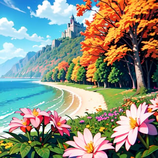 masterpiece, best quality, high quality, extremely detailed CG unit 8k wallpaper, landscape, outdoor, sky, cloud, day, great medieval castle, no humans, mountain, landscape, water, tree, blue sky, waterfall, cliff, nature, lake, river, village, autumn, cloudy sky, multicolored flowers, award-winning photography, Bokeh, depth of field, HDR, bloom, chromatic aberration, photorealistic, extremely detailed, trend on artstation, trend on CGsociety, Complex, High Detail, dramatic, art by midjourney