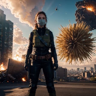 ((high quality)), ((masterpiece)), 8k, 2girls, bulletproof vest, light rays, extremely detailed CG unity 8k wallpaper, game cg, looking at viewer, gloves, boots, full body, watch, computer, mask, drone, holding weapon, headphones, jacket, (background destroyed city , explosion , smoke