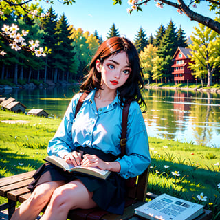 Girl reads a book by the lake, bright colors, spring, willow branches, comfort, warm sunlight