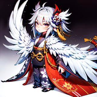 Man, Tengu, Onmyoji, Bird's Beak, Shaggy, Gray Hair, White Feathers, Long Wings, Purple Pupils, Kimono, Japanese Style, Simple Background