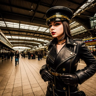 1 girl, aviator hat , solo, steam punk, train station, , steam, smoke, masterpiece, highly detailed,HDR,8k resolution, best quality,